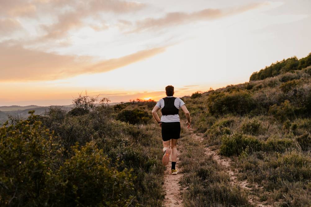 Ein Mann joggt am Abend über einen schmalen Pfad durch eine wilde Graslandschaft.