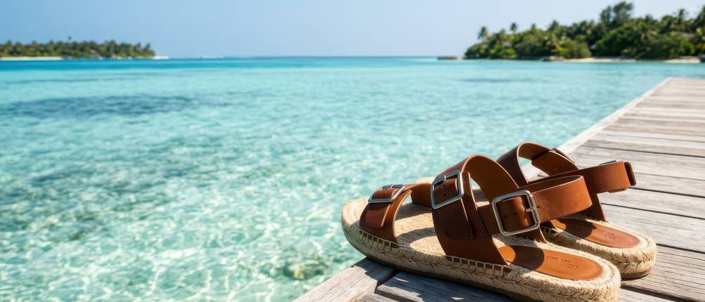 Ein Paar Espadrilles auf einem Steg.