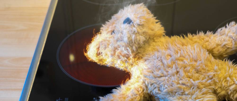 Herdschutzgitter im Test: Teddy liegt rauchend auf angeschalteter Herdplatte.