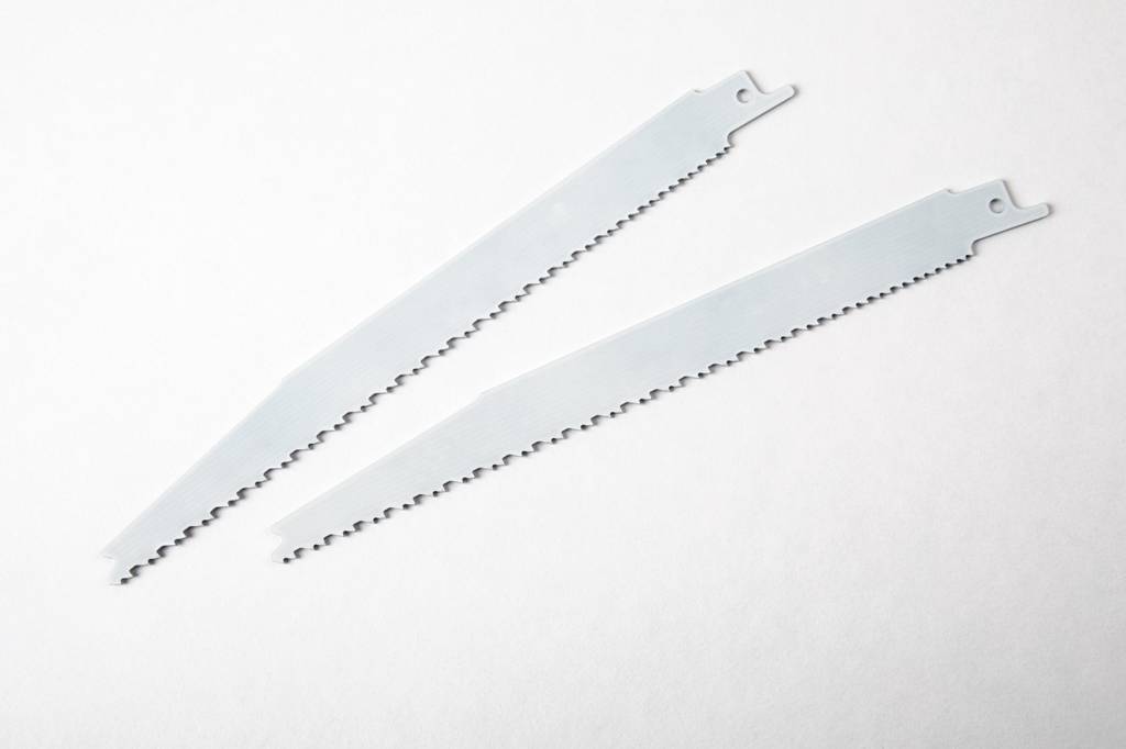 Säbelsägeblätter im Test: Zwei Sägezahnblätter auf weißem Untergrund.