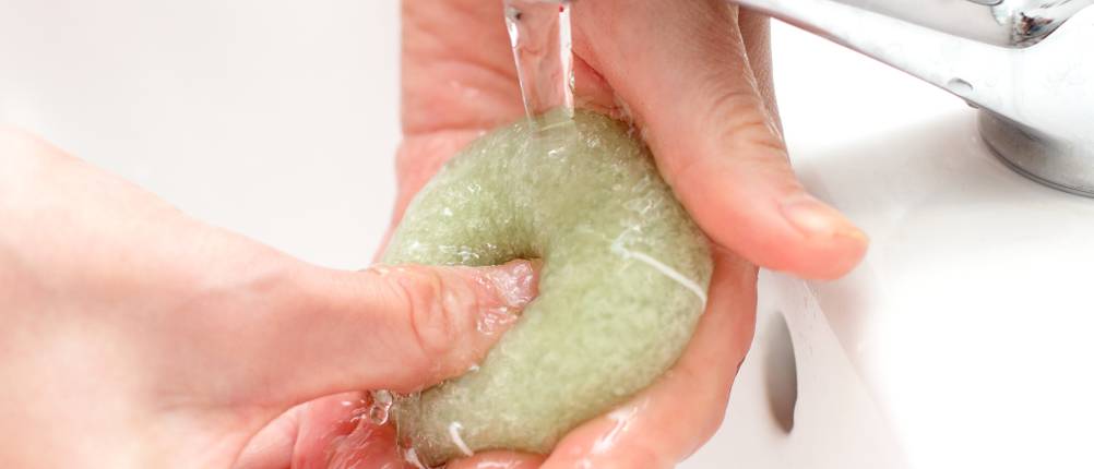 Konjac-Schwamm-Test: Ein Konjac-Schwamm wird unter laufendem Wasser gehalten.
