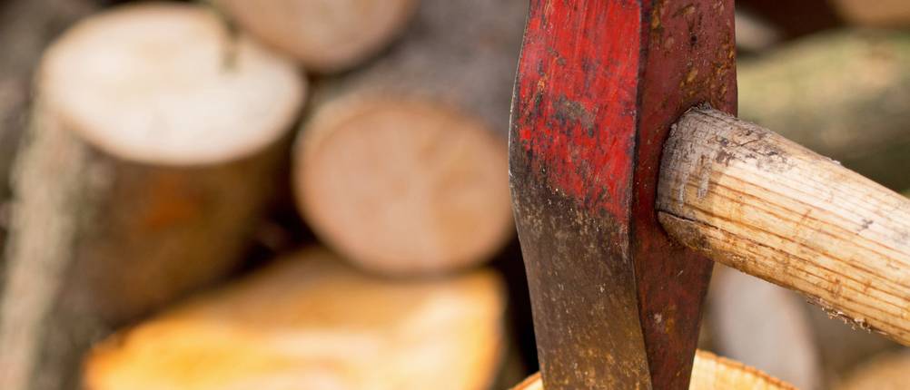 Spalthammer im Test: Ein Spalthammer in einem dickeren Holzstück, das gespalten werden soll.
