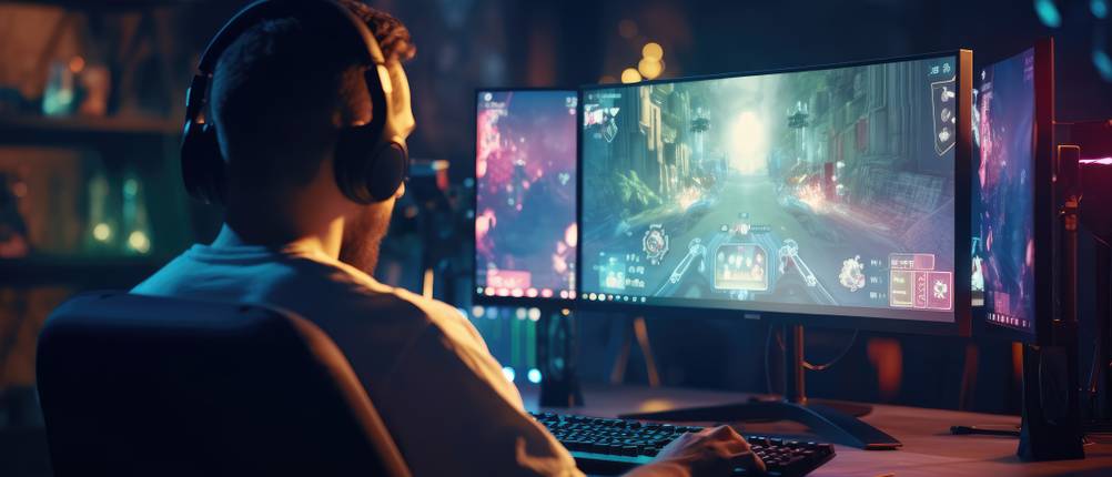 ein Mann mit Headset sitzt vor einem Gaming-PC