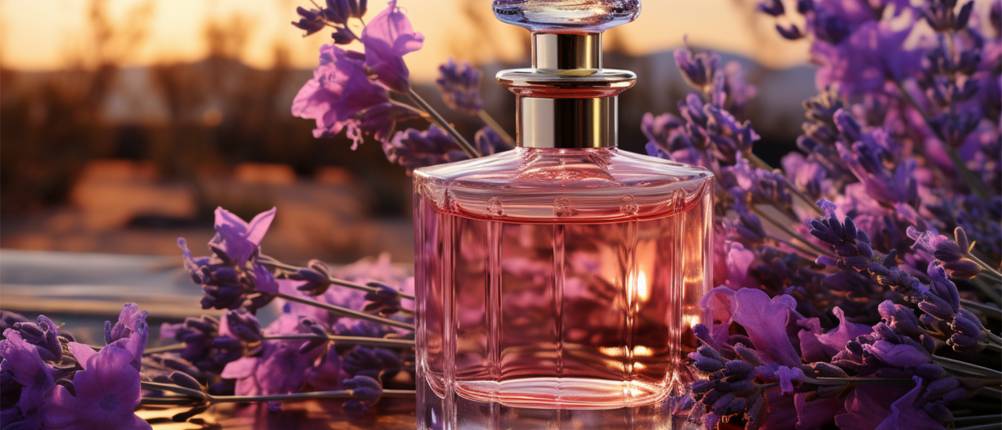 ein Flakon Parfum vor einem Sonnenuntergang