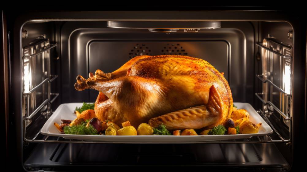 Steba-Minibackofen im Test: Ein Hähnchen, bereits gebräunt, im offenen, beleuchteten Backofen