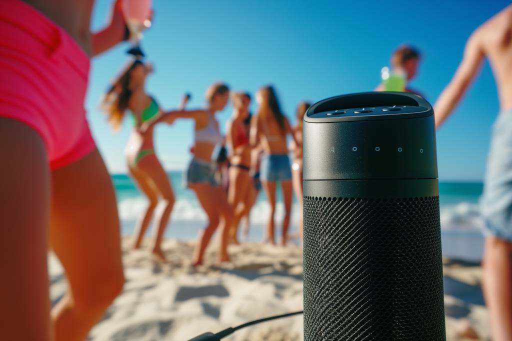 Menschen tanzen am Strand um einen Lautsprecher