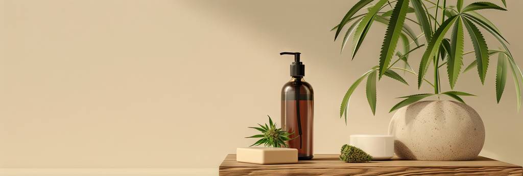 Hanf-Shampoo-Test: ein Pumpspender mit Hanf-Shampoo auf einer Anrichte mit Blumendekoration