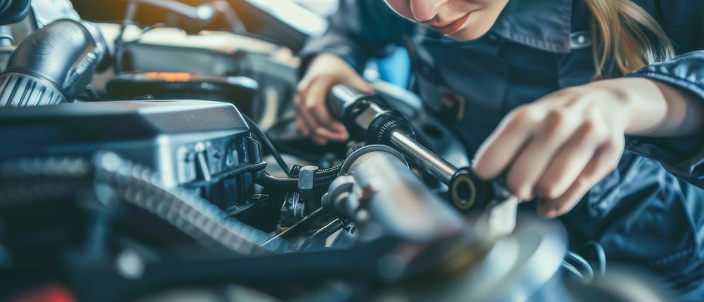 Frau arbeitet mit einem Drehmomentschlüssel am Auto