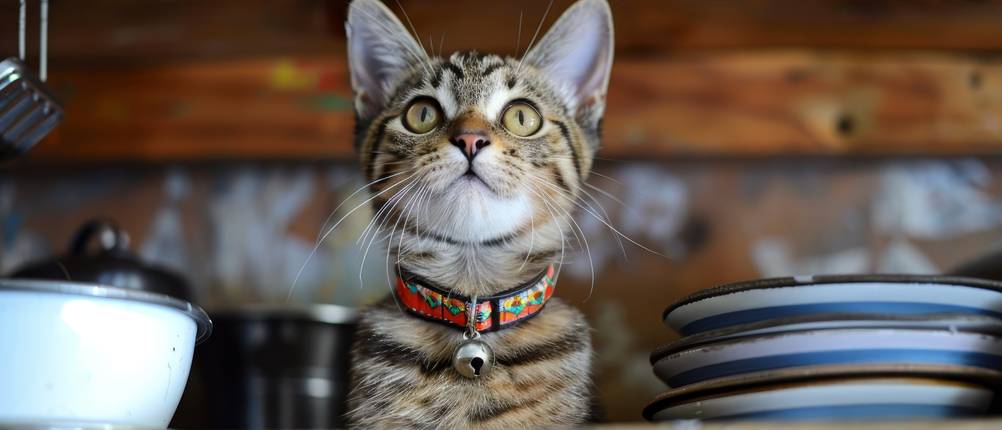 Katzenhalsband-Test: Ein Kätzchen, das ein Katzenhalsband mit einer Glocke trägt.