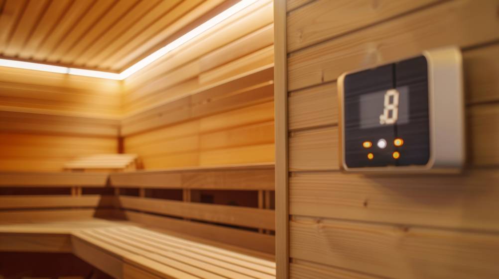 Sauna-Thermometer im Test: Digitales Gerät in einer größeren Sauna in beleuchteter Funktion
