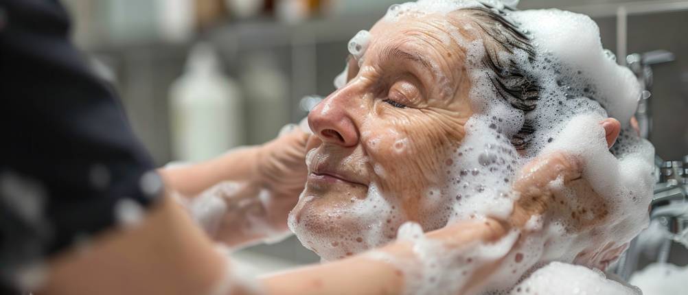 Badewannenlift im Test: Pflegepersonal oder Angehörige wäsche einer älteren Dame die Haare in der Wanne.