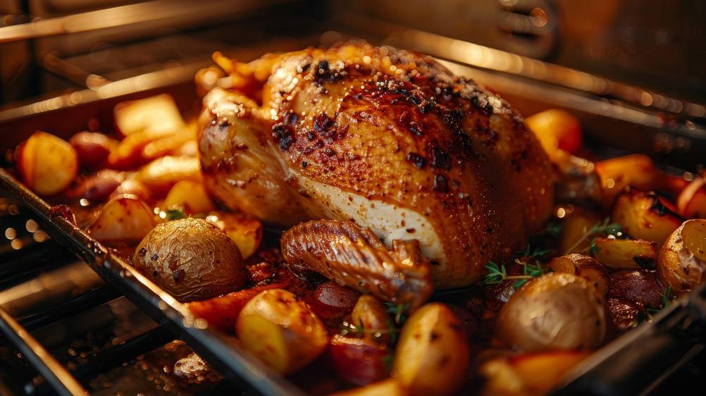 Exquisit-Backofen im Test: Ein knuspriges Hähnchen mit Beilagen auf einem Backblech im Backofen.