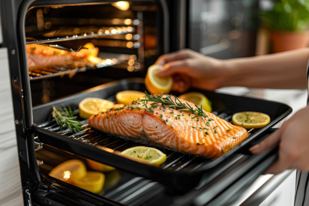 Exquisit-Backofen im Test: Lachs mit Zitronenscheiben und Rosmarin auf einem Backofenblech noch halb im Ofen.