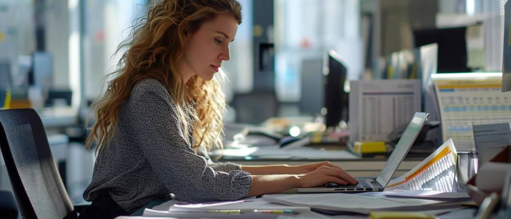 Buchhaltungssoftware im Vergleich: Eine junge Frau sitzt am Ihrem Laptop im Büro und arbeitet.
