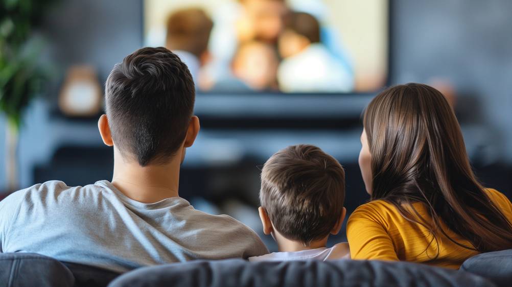 Heimkinosysteme im Test: Familie sitzt zu dritt (Kind in der Mitte) vor dem TV
