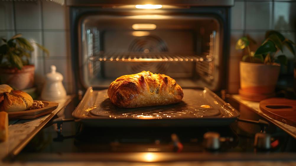 Steba-Minibackofen im Test: Ein kleines Brot ist fertig gebacken auf einem Blech vor der geöffneten Backofenklappe.