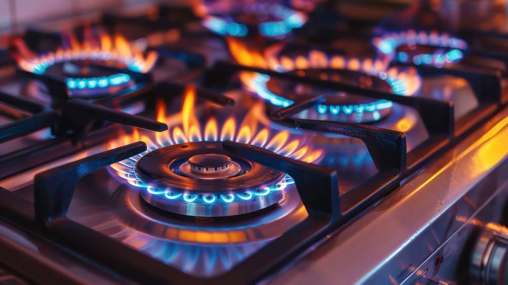 Gaskochfeld-75-cm im Test: Ein Gaskochfeld mit fünf angezündeten Brennern, aber ohne Töpfe und Pfannen.
