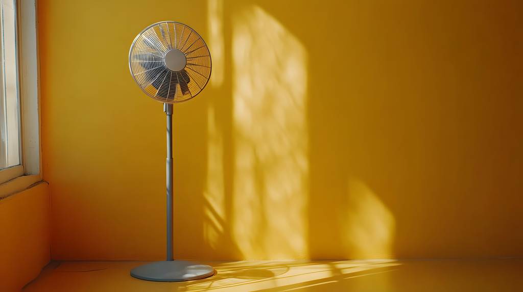 Brandson-Standventilator im Test: Ein grauer Standventilator steht in einem gelben Raum