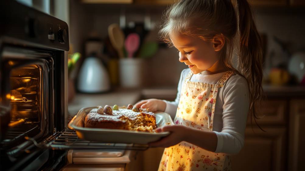 Mini-Backofen 45 Liter im Test: Kleines Mädchen mit einem Osterkuchen, der bereits in Teilen gegessen ist vor dem offenen, beleuchteten Backofen.