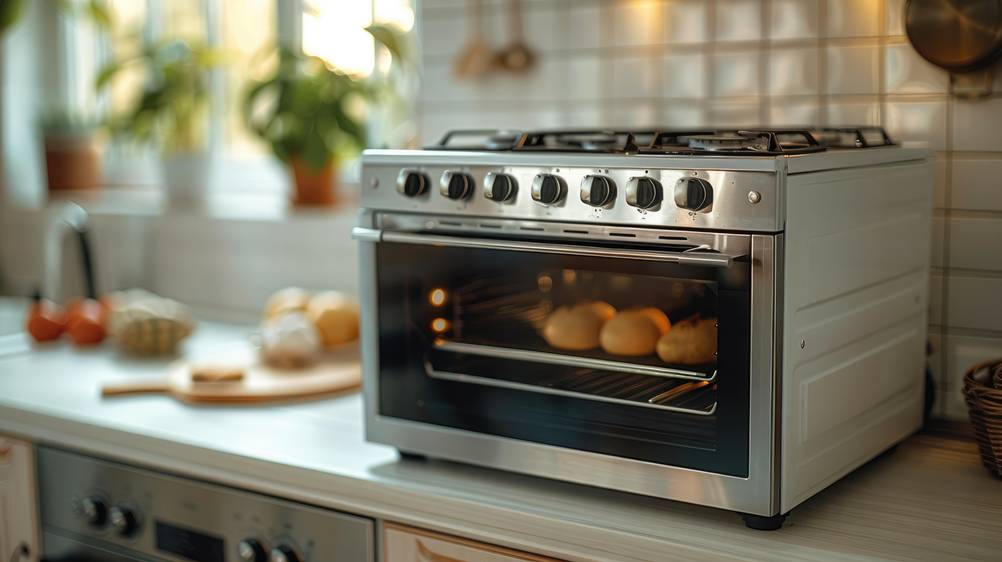 Mini-Backofen 45 Liter im Test: ein Ofen steht auf einer Küchenfläche und Brötchen backen in diesem