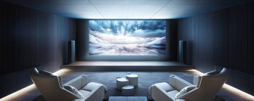 Heimkinosysteme im Test: nur zwei der Lautsprecher sind vor einer großen Leinwand in einem extra Raum fürs Heimkino erkennbar.