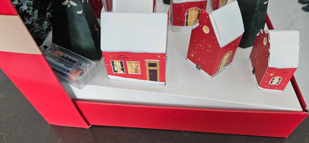 Adventskalender Beauty-Test: Nahaufnahme des Innenteils mit kleinen Häusern.