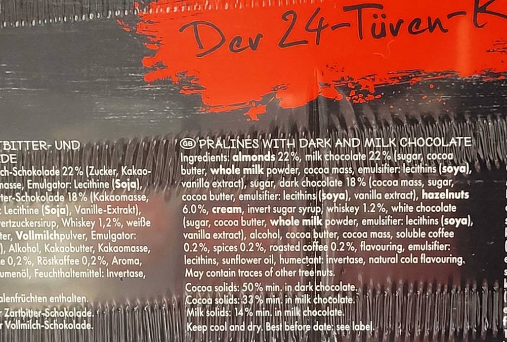 Adventskalender für Männer-Test: Nahaufnahme der Informationen auf der Rückseite.