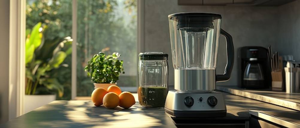 Die Bedienung des AEG-Standmixers im Test: Ein großer Standmixer steht in einer Küche auf einer Ablagefläche. Dort befinden sich zudem Zitronen sowie ein Gefäß mit Flüssigkeit.