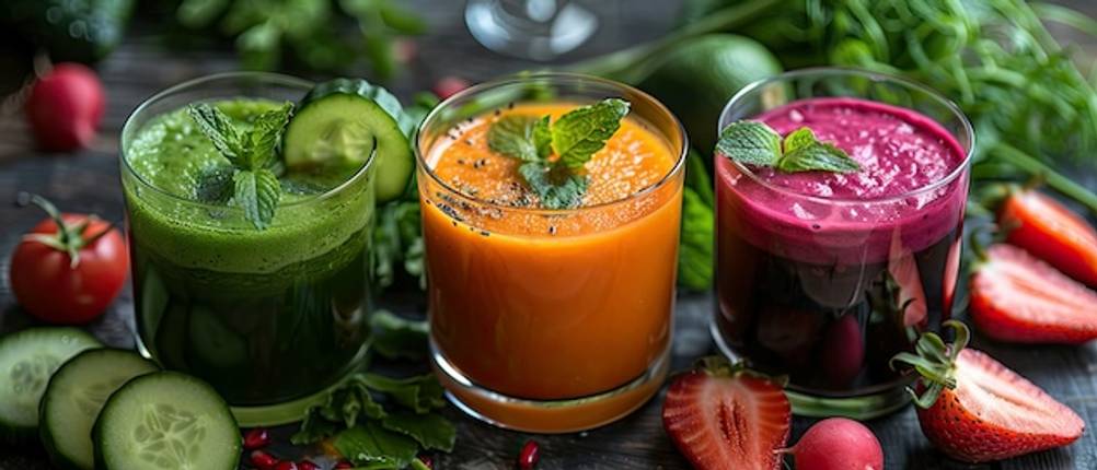 Im Smoothie-Test: Drei Gemüse-Smoothies in Grün, Orange und Dunkelrot-Violett stehen auf einer schwarzen Holzplatte, umgeben von Obst und Gemüse.