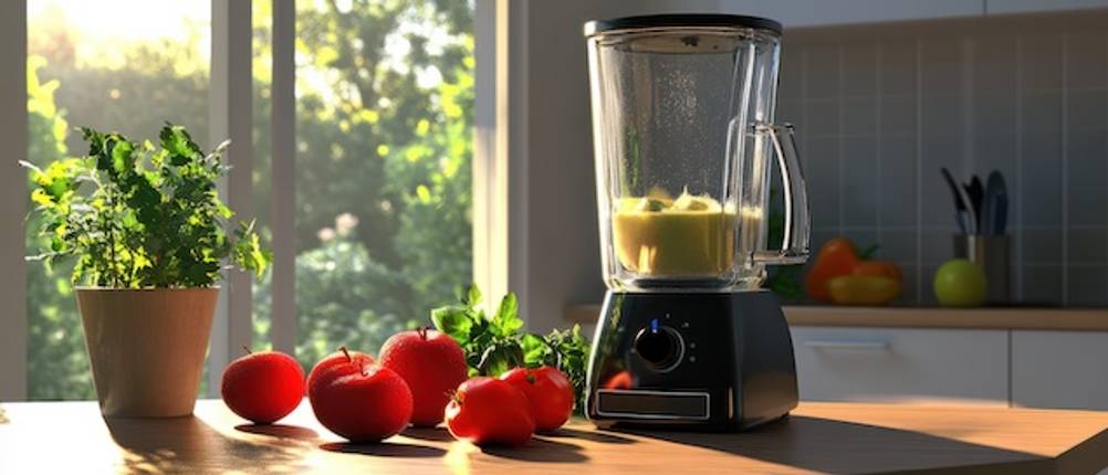 AEG-Standmixer im Test: Auf einer Holzablage in einer großen Küche steht ein schwarzer Standmixer umgeben von Tomaten und Gemüse.