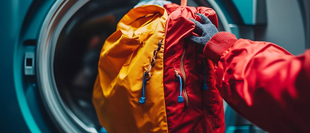 Aevor-Rucksack-Test: Eine Person hält einen Rucksack vor einer Waschmaschine.