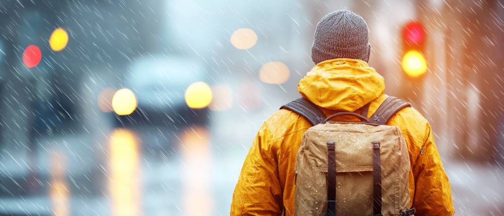 Aevor-Rucksack-Test: Ein Mann in gelber Regenjacke mit einem Rucksack. 