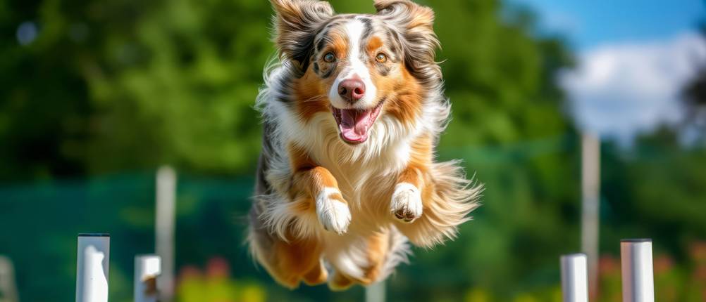 Agilitygeräte-Test: Ein Hund spring über eine Hürde.