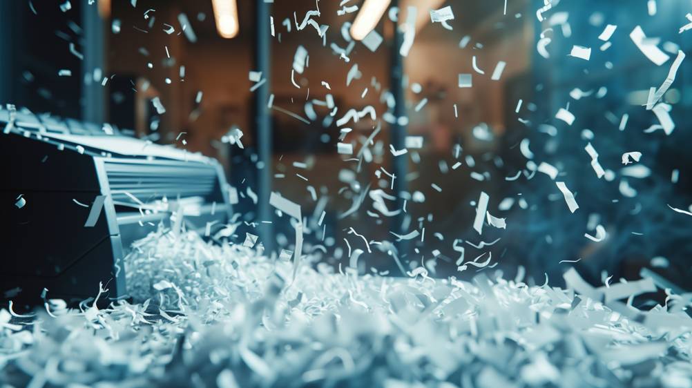 Papierschnipsel fliegen um einen getesteten Dahle-Aktenvernichter herum.