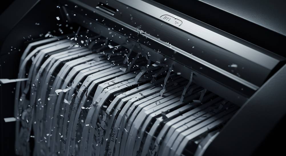 Ein getesteter Dahle-Aktenvernichter zerschneidet Papier in Streifencut in Nahaufnahme.