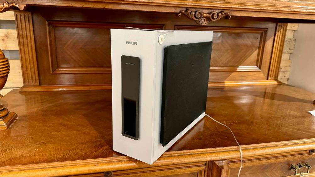 Aktiv-Subwoofer getestet: Ein Gerät von schräg seitlich auf einer Holzkommode.
