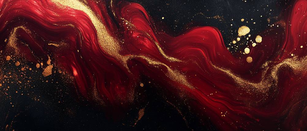 alcohol-ink-test: Fluid-Art-Bild mit rot-goldenem Verlauf auf schwarzem Untergrund