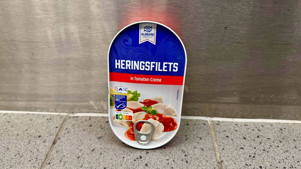 Testen: Heringe in der Dose vor einer Aluminiumfläche.