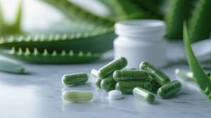 Aloe-vera-Kapseln-Test: Mehrere Aloe-vera-Kapseln auf einem Tisch.