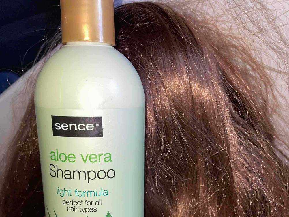 Aloe-vera-Shampoo im Test: Nahaufnahme des Logos und der Artikelbezeichung.