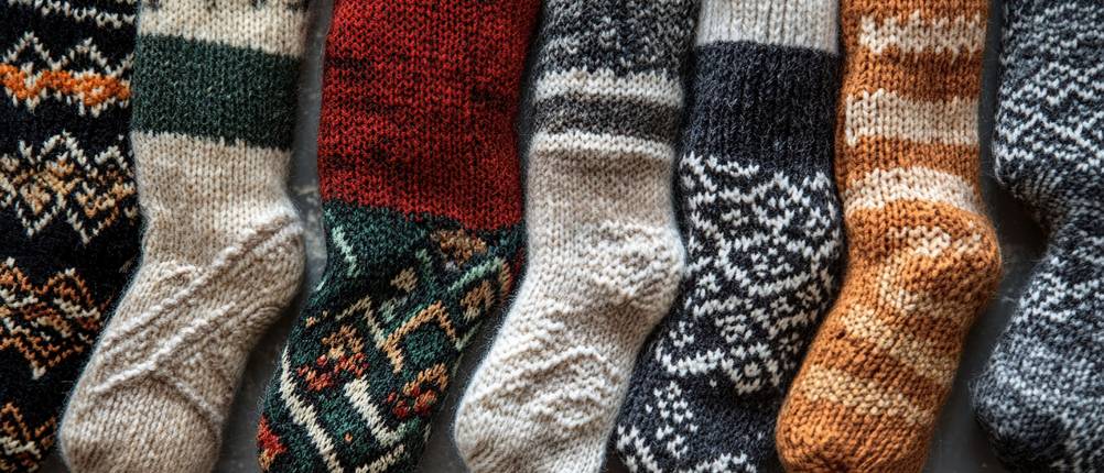 alpaka-socken-test: nebeneinander liegen Alpaka-Socken in unterschiedlichen Farben und Mustern.