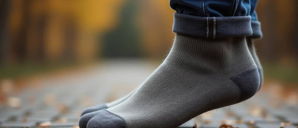 alpaka-socken-test: eine Person trägt ein paar graue Alpaka-Socken und steht dabei leicht auf Zehenspitzen auf straßenähnlichen Untergrund