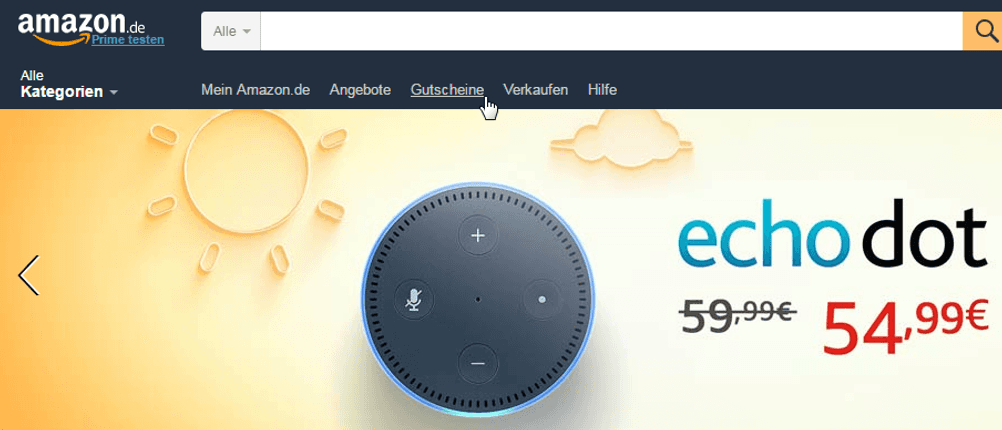 Gutschein-Kategorie in der Hauptnavigation der Seite Amazon