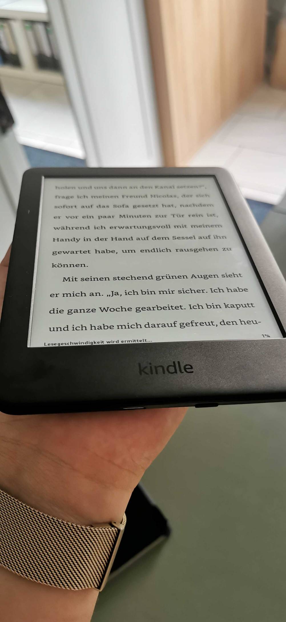 Amazon-Kindle getestet: Ein Gerät von schräg unten in einer Hand gehalten.