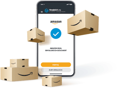 Young girl with Amazon packages, Vergleich.org App and Amazon Logo