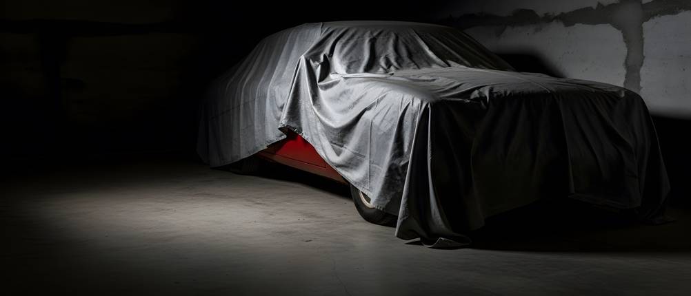 Klassischer Oldtimer unter grauer Schutzhülle in dunkler Garage mit Spotlicht
