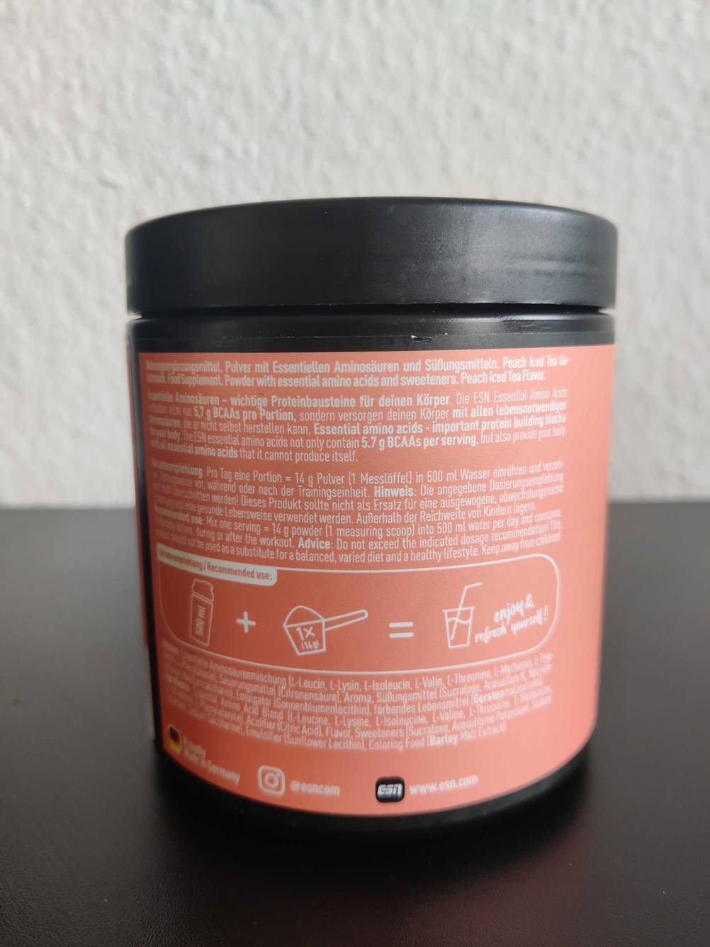 Aminosäure-Komplex getestet: Rückseite der Dose mit Infomationen.