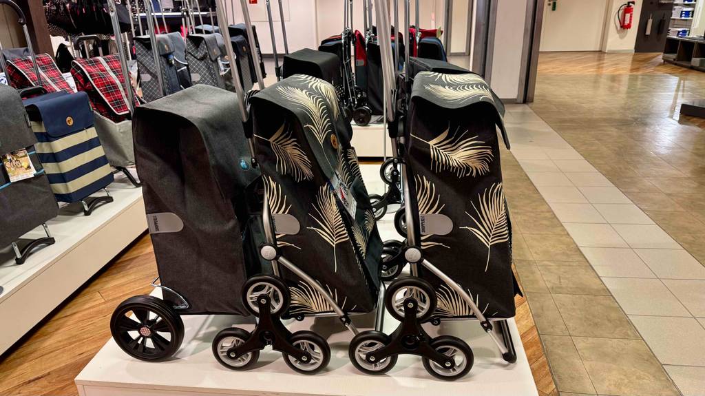 Mehrere Treppensteiger-Einkaufstrolleys im Test stehen in einem Verkaufsbereich.