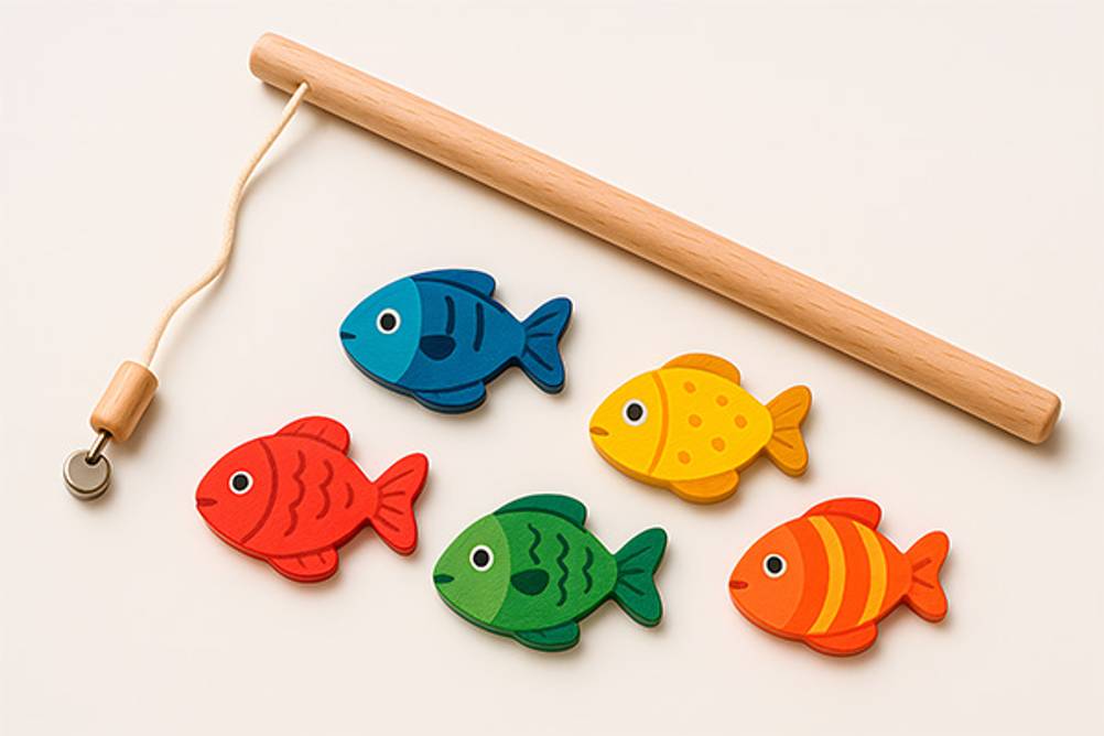 Angelspiel im Test: Eine Angel sowie fünf bunte Fische aus Holz mit Magneten.