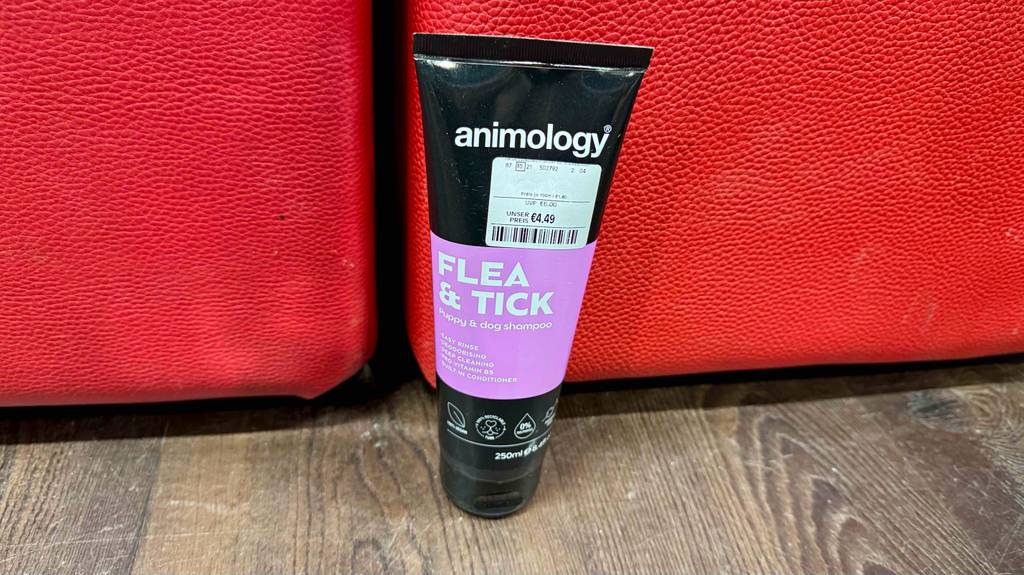 Eine Tube getestetes Flohshampoo für den Hund steht auf einem Holzboden.